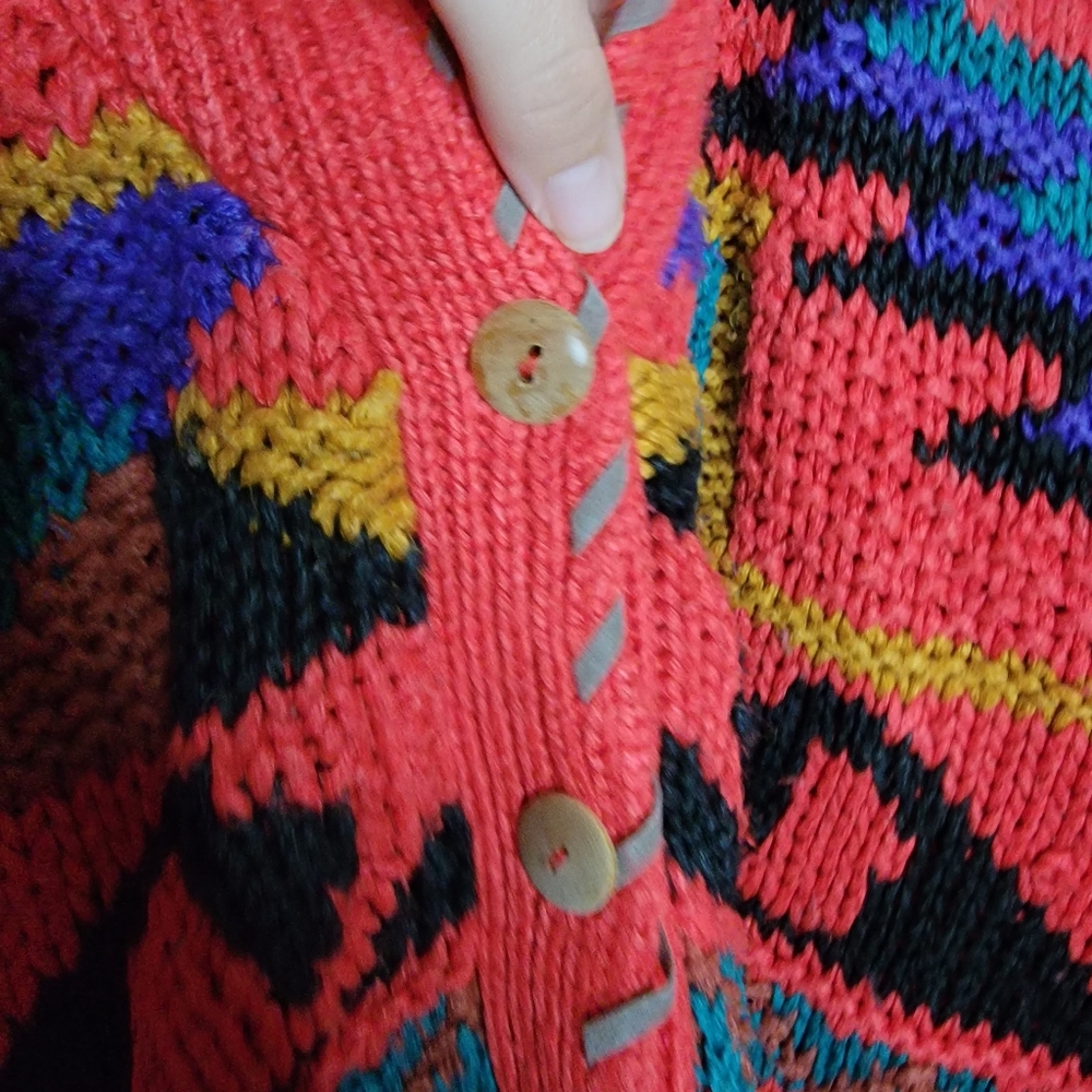 80s Carolina Colours Cardigan Sm Embroidered Knit Red Chunky Oversized Sweater - Picture 10 of 11
